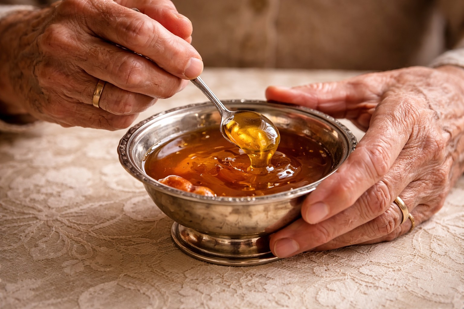 Raw honey in a silver bowl